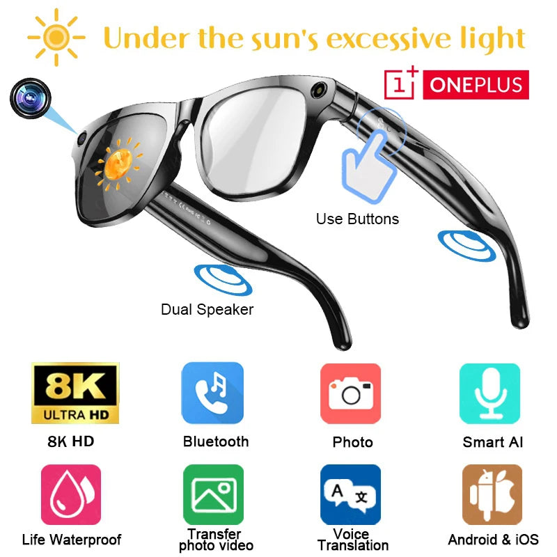 Oneplus Smart 8K AI Glasses With 100mp Camera Chat Gpt Touch Sport Sunglasses Bluetooth Calling Music Player For Men Women Gift