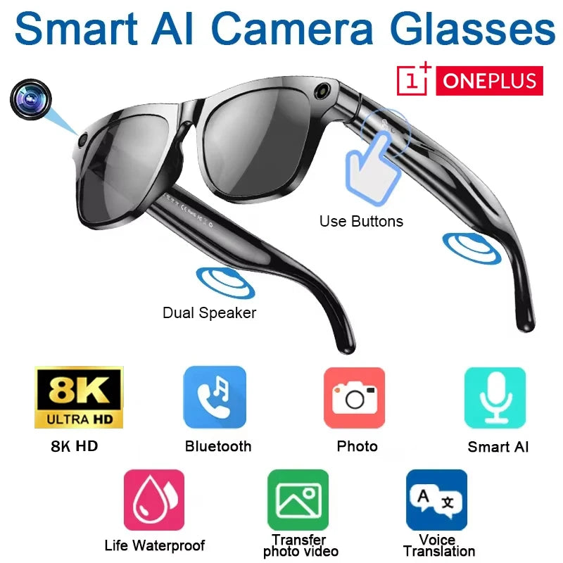 Oneplus Smart 8K AI Glasses With 100mp Camera Chat Gpt Touch Sport Sunglasses Bluetooth Calling Music Player For Men Women Gift