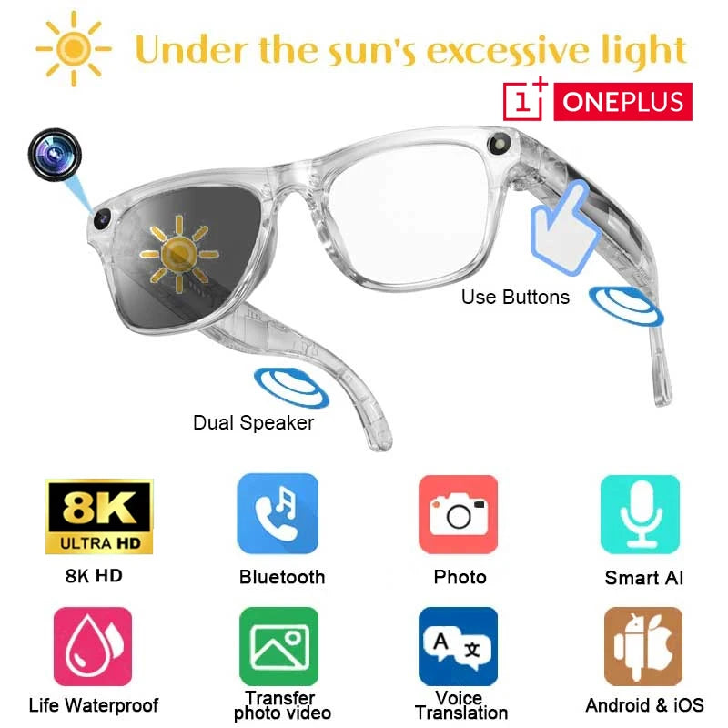 Oneplus Smart 8K AI Glasses With 100mp Camera Chat Gpt Touch Sport Sunglasses Bluetooth Calling Music Player For Men Women Gift